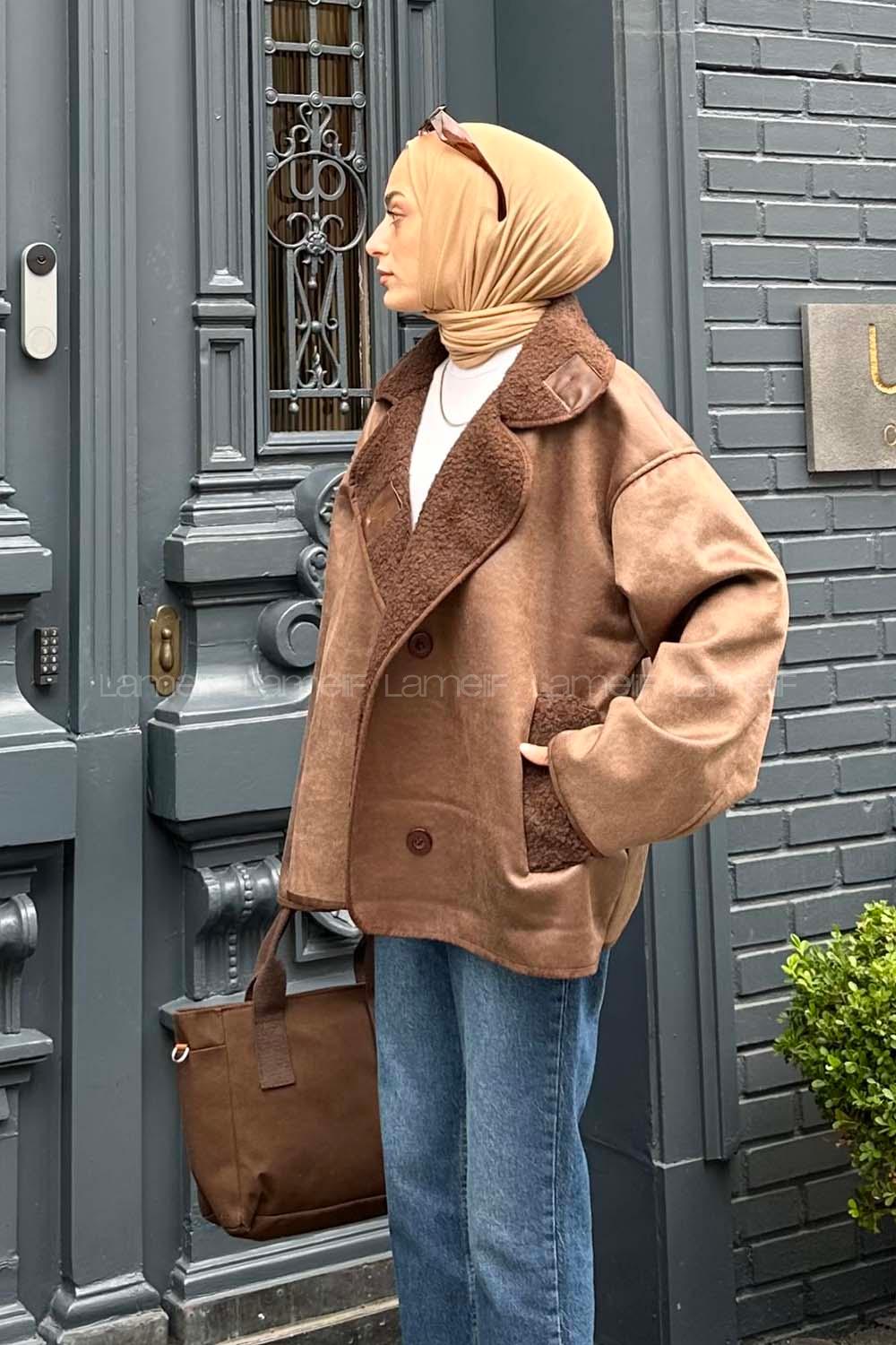 Lamelif Süet Düğmeli Mont Kahve