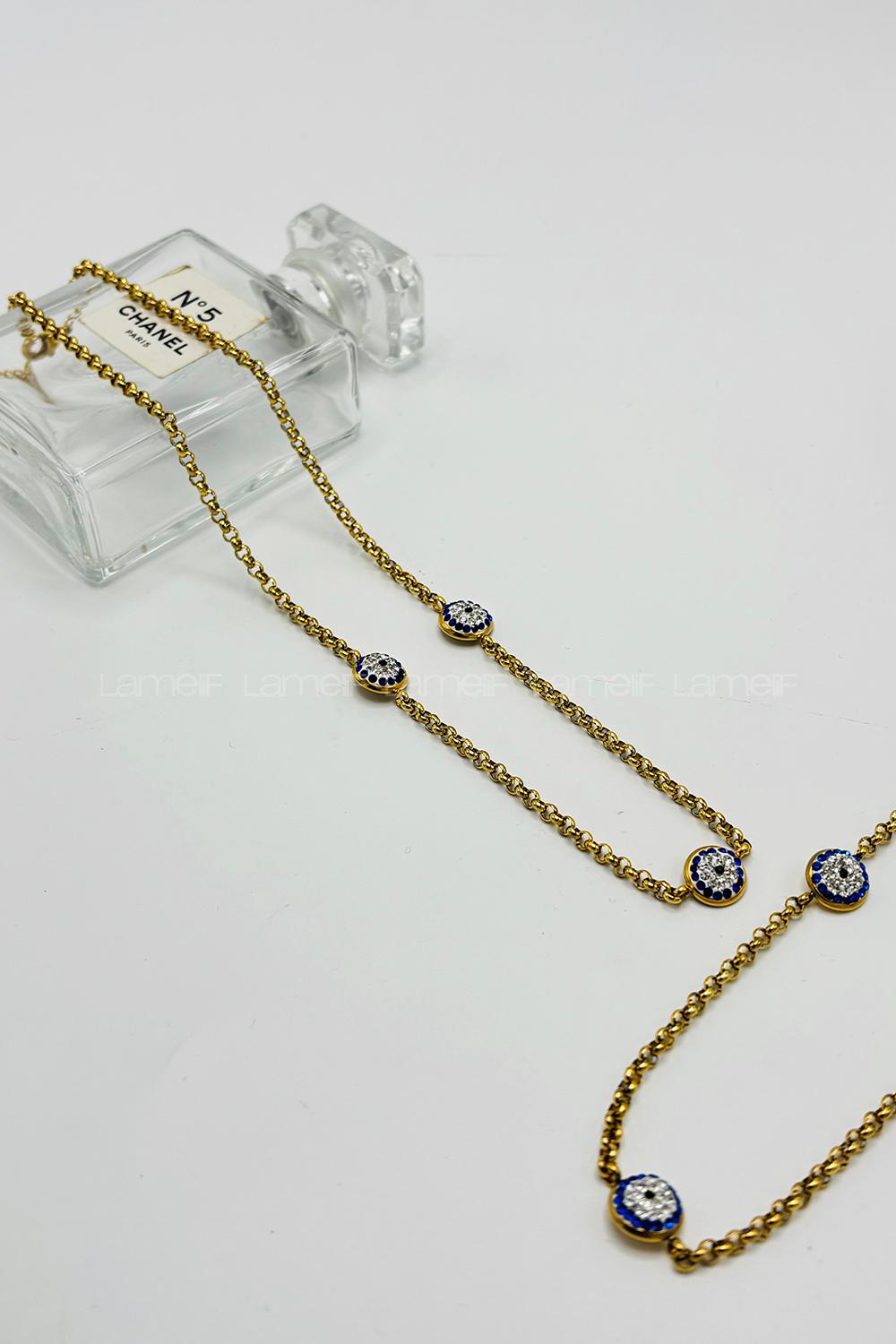 Lamelif 925 Ayar Çelik Gold Taşlı Nazar Boncuklu Kolye