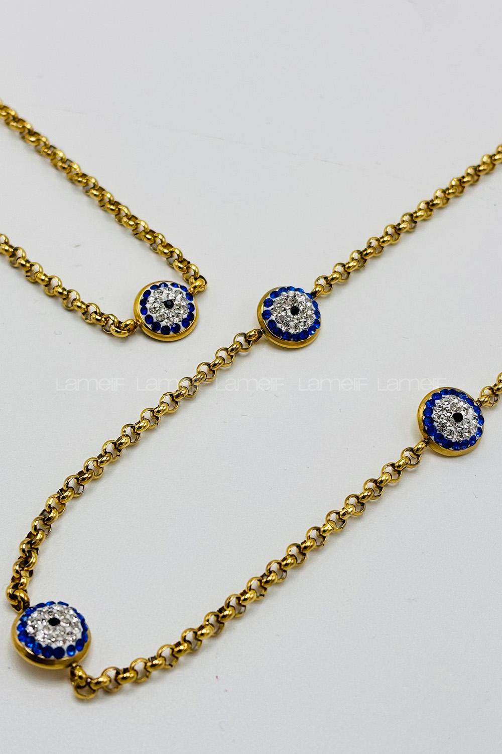 Lamelif 925 Ayar Çelik Gold Taşlı Nazar Boncuklu Kolye