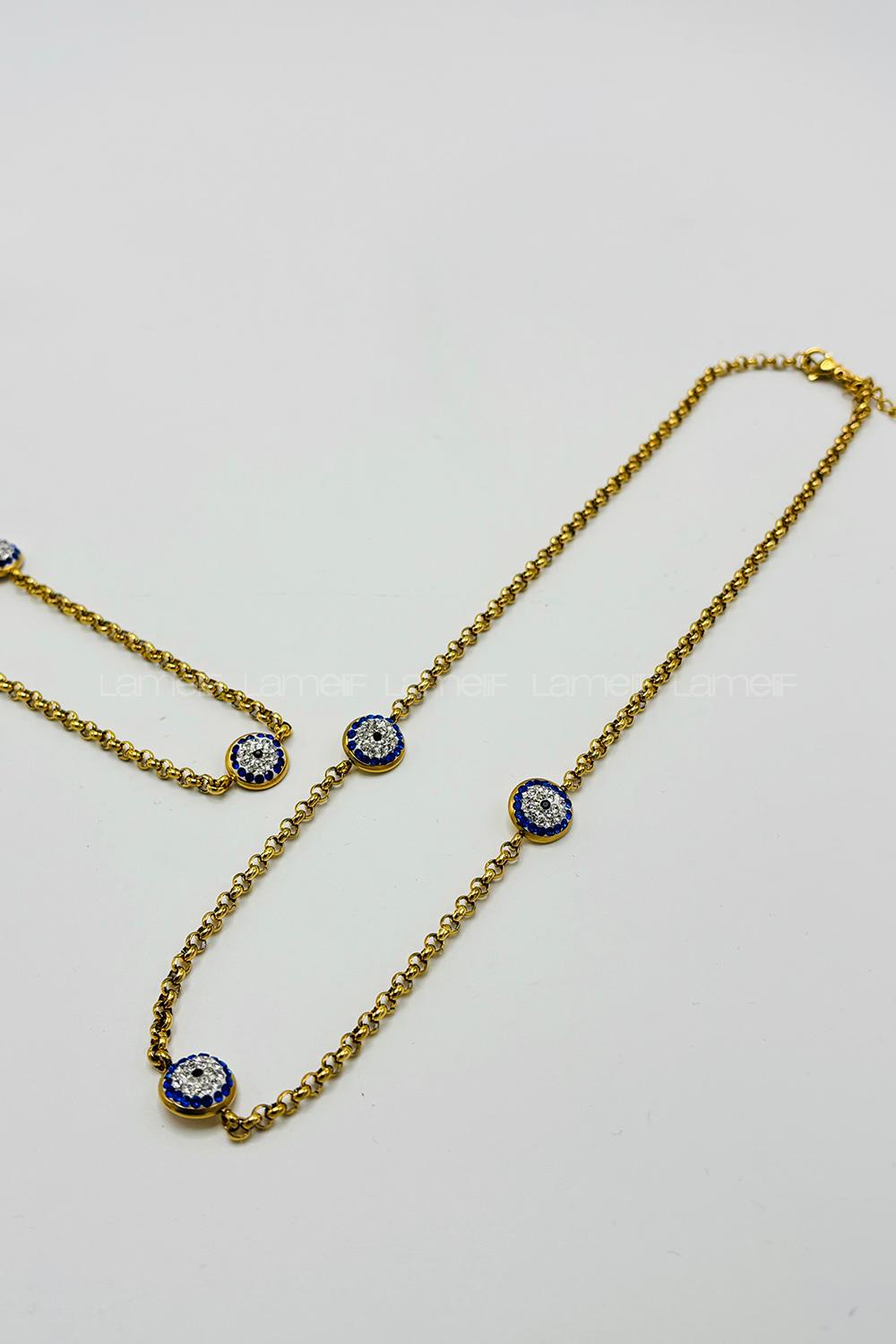 Lamelif 925 Ayar Çelik Gold Taşlı Nazar Boncuklu Kolye