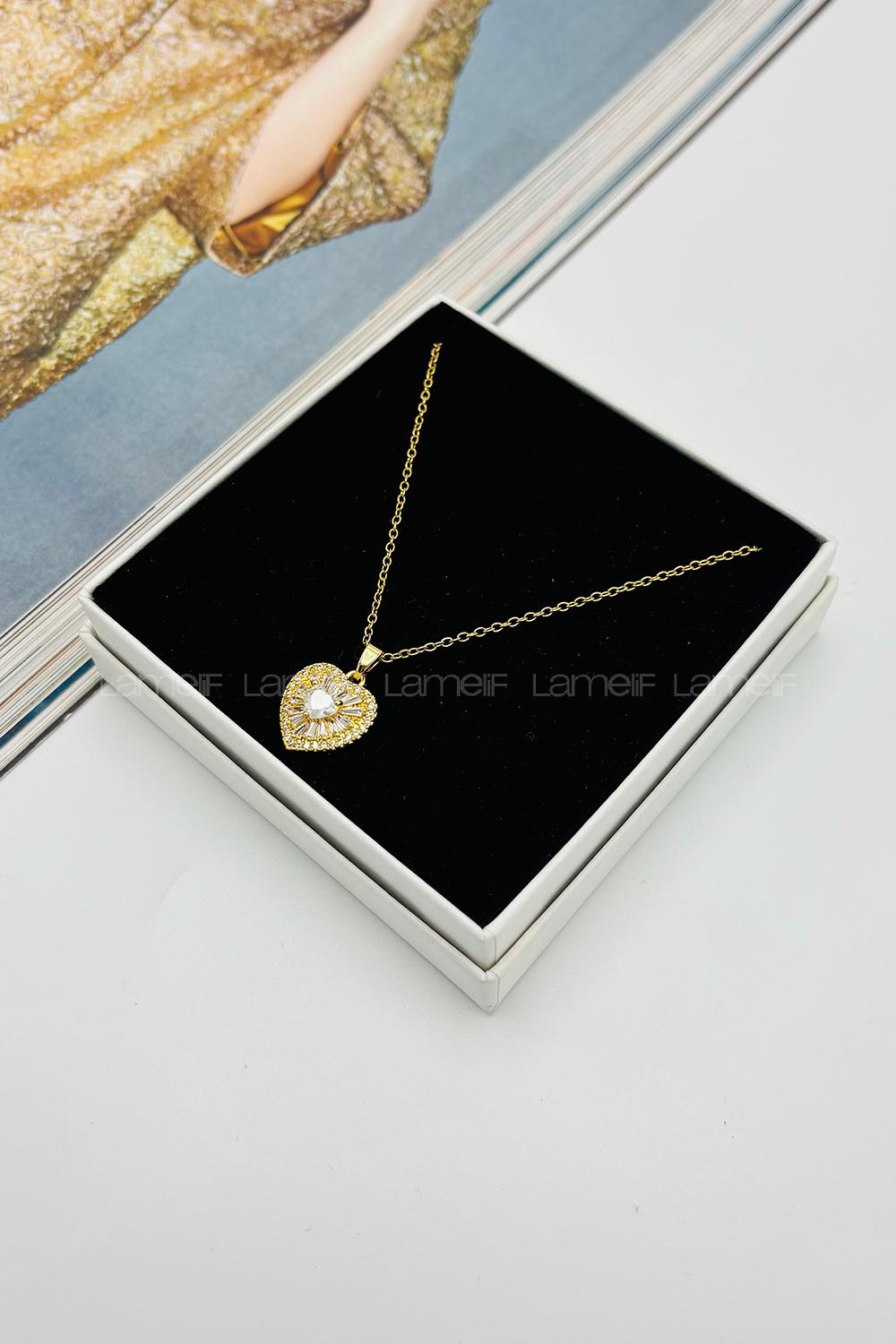 Lamelif 925 Ayar Çelik Kristal Taşlı Kalp Kolye Gold