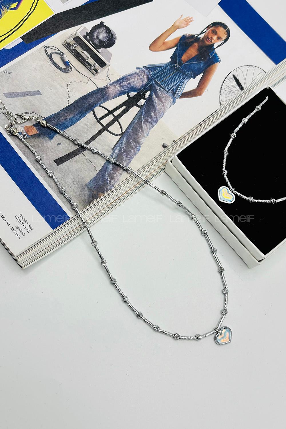 Lamelif Dorika Boncuklu Kalp Charmlı Tasarım Kolye Gümüş