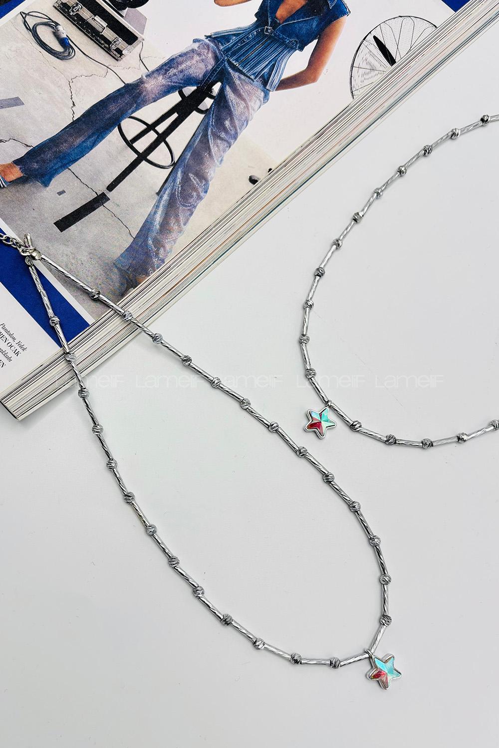 Lamelif Dorika Boncuklu Yıldız Charmlı Tasarım Kolye Gümüş