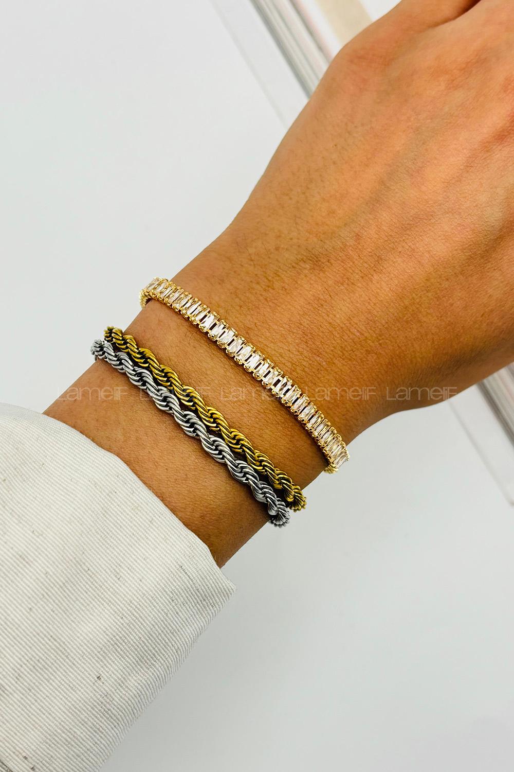 Lamelif Gold Dikdörtgen Taşlı Baget Bileklik