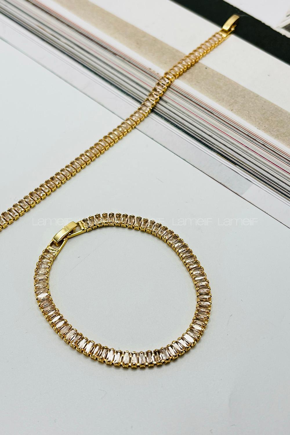 Lamelif Gold Dikdörtgen Taşlı Baget Bileklik