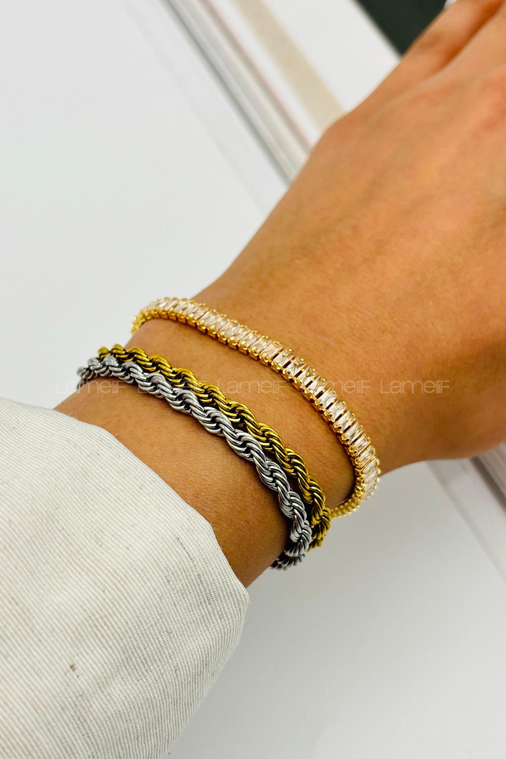 Lamelif Gold Dikdörtgen Taşlı Baget Bileklik