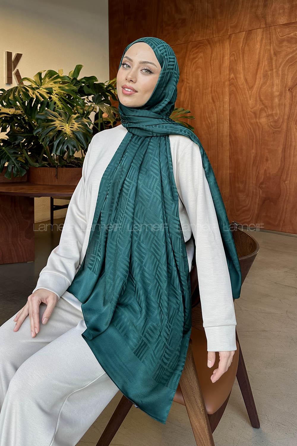 Lamelif Kibrit Desen Jakar Şal Zümrüt Yeşili