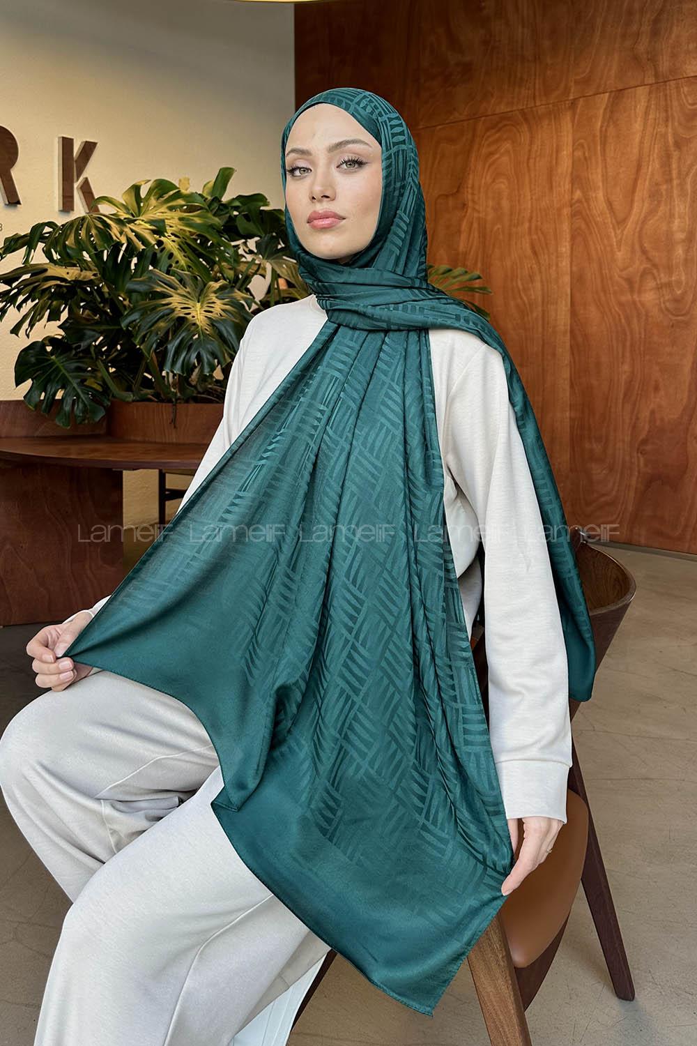 Lamelif Kibrit Desen Jakar Şal Zümrüt Yeşili