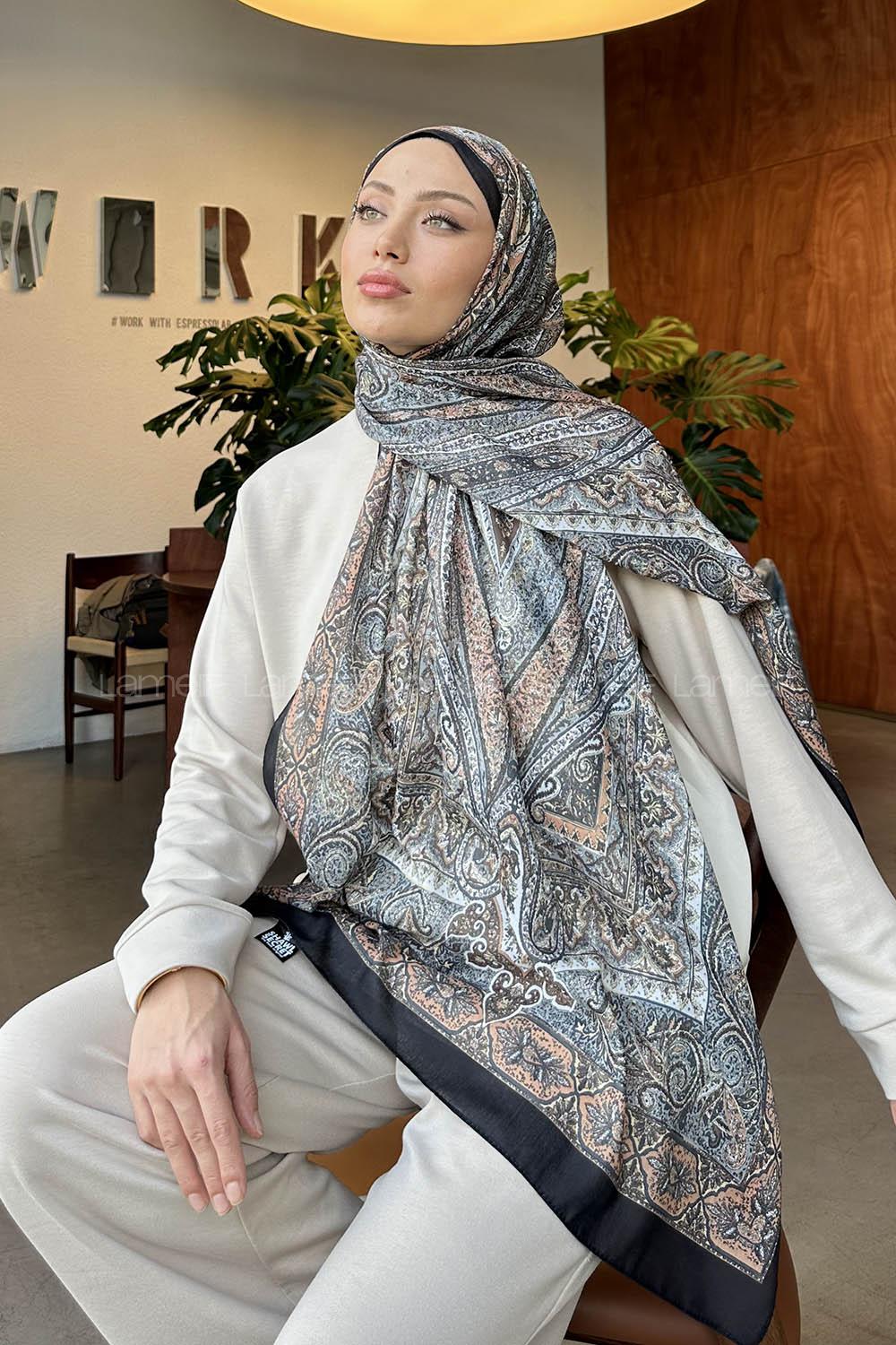 Lamelif Retro Desen Pamuk Şal Siyah Tarçın