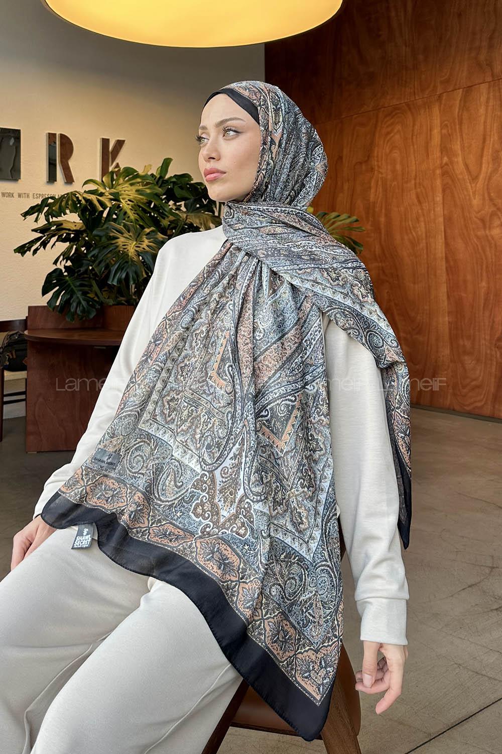 Lamelif Retro Desen Pamuk Şal Siyah Tarçın