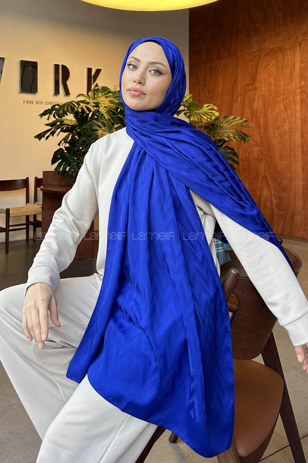 Lamelif Zikzak Desen Jakar Şal Saks Mavisi