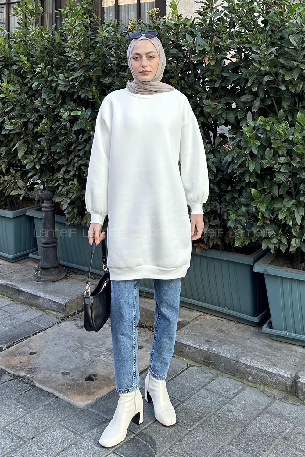 Lamelif  Üç İplik Balon Kol Tunik  Beyaz