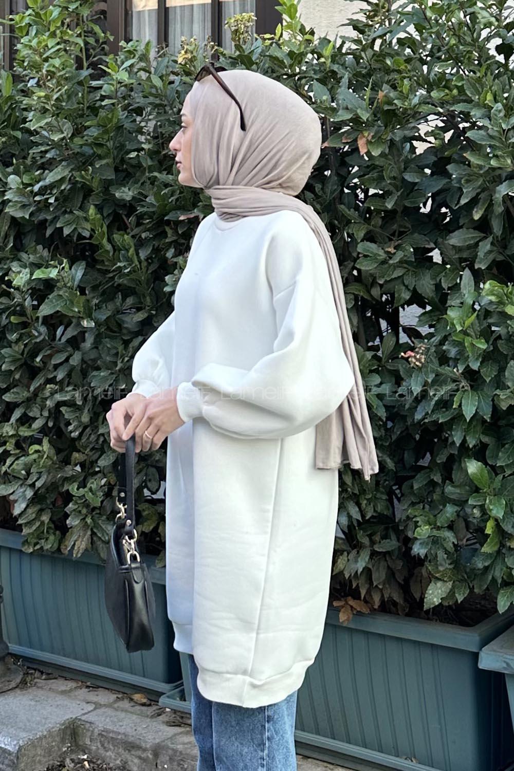 Lamelif  Üç İplik Balon Kol Tunik  Beyaz