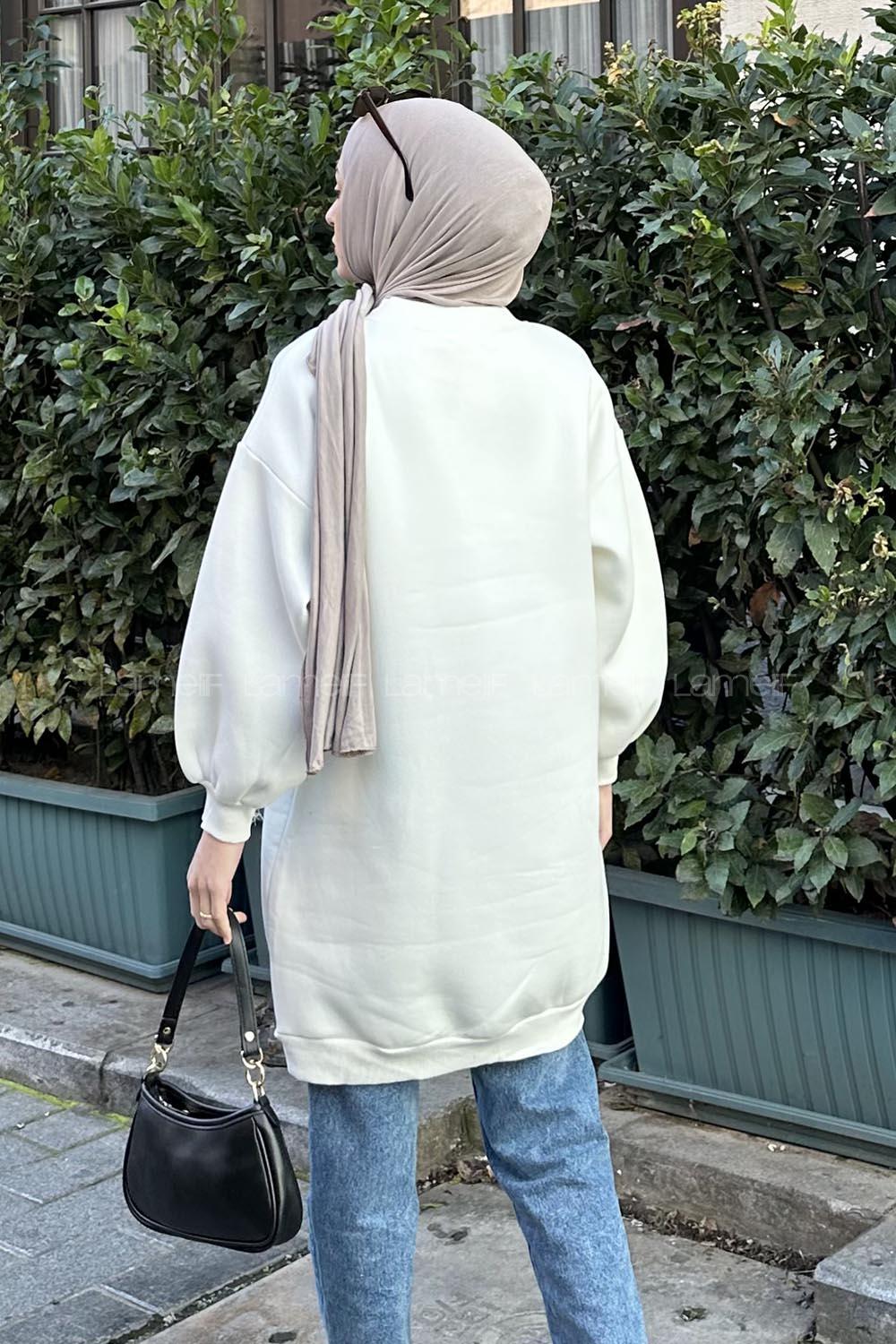 Lamelif  Üç İplik Balon Kol Tunik  Beyaz