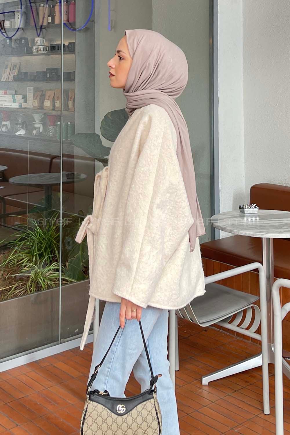 Lamelif Bağlamalı Kaşe Mont Ekru