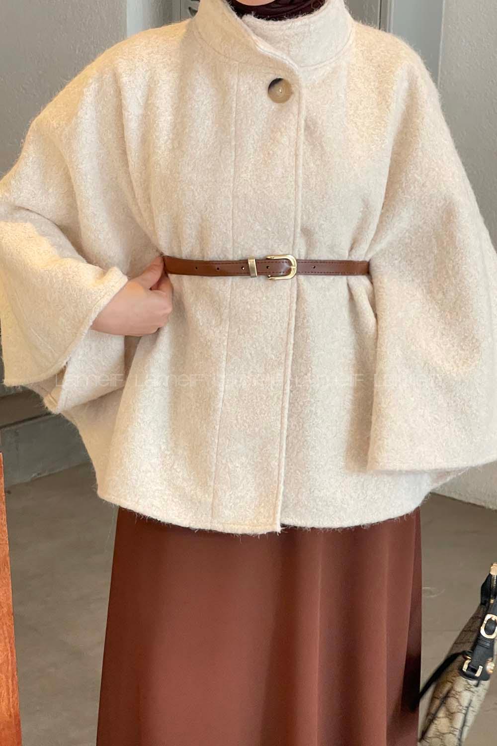 Cream Mandarin Collar Stamp Fabric Poncho