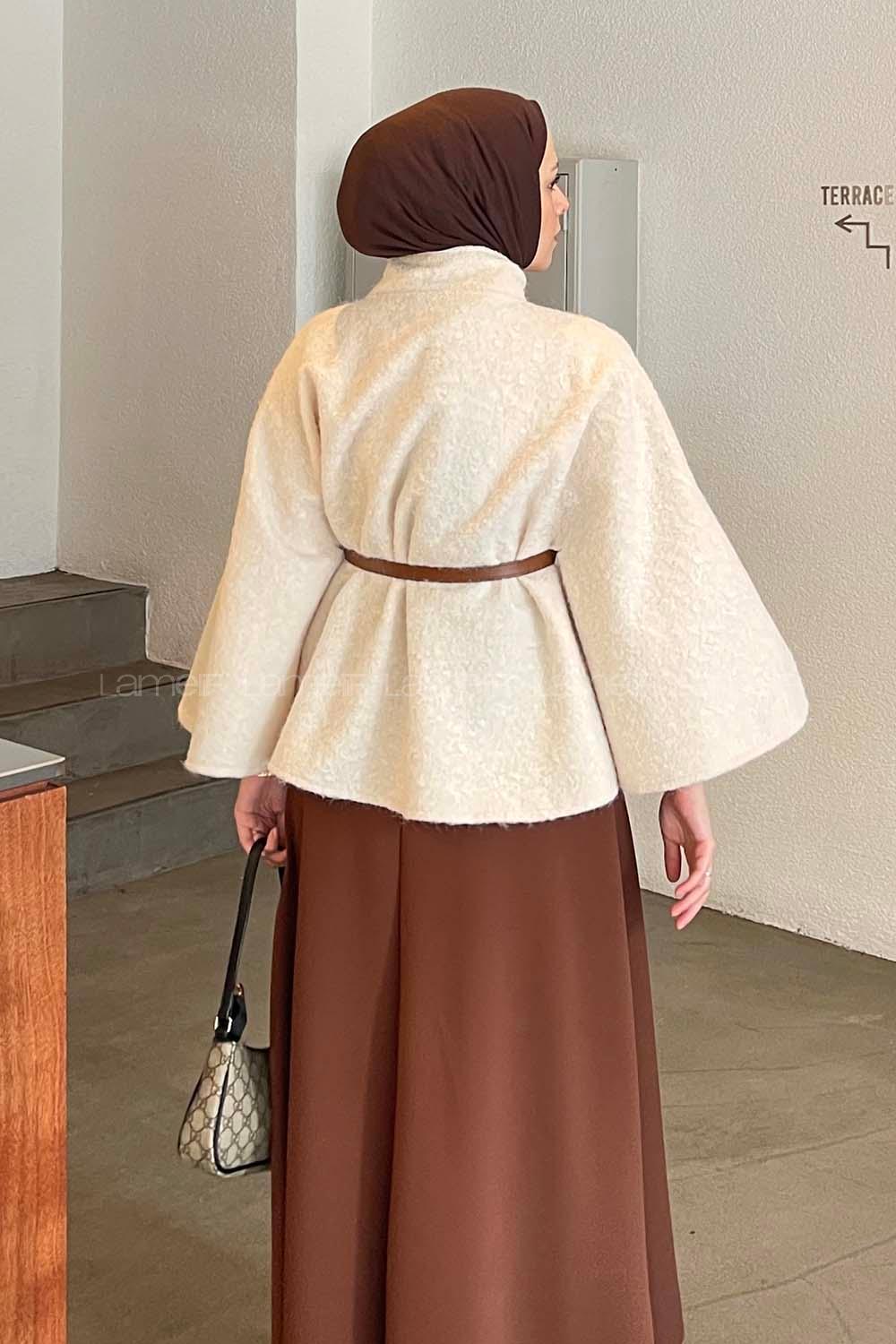 Cream Mandarin Collar Stamp Fabric Poncho