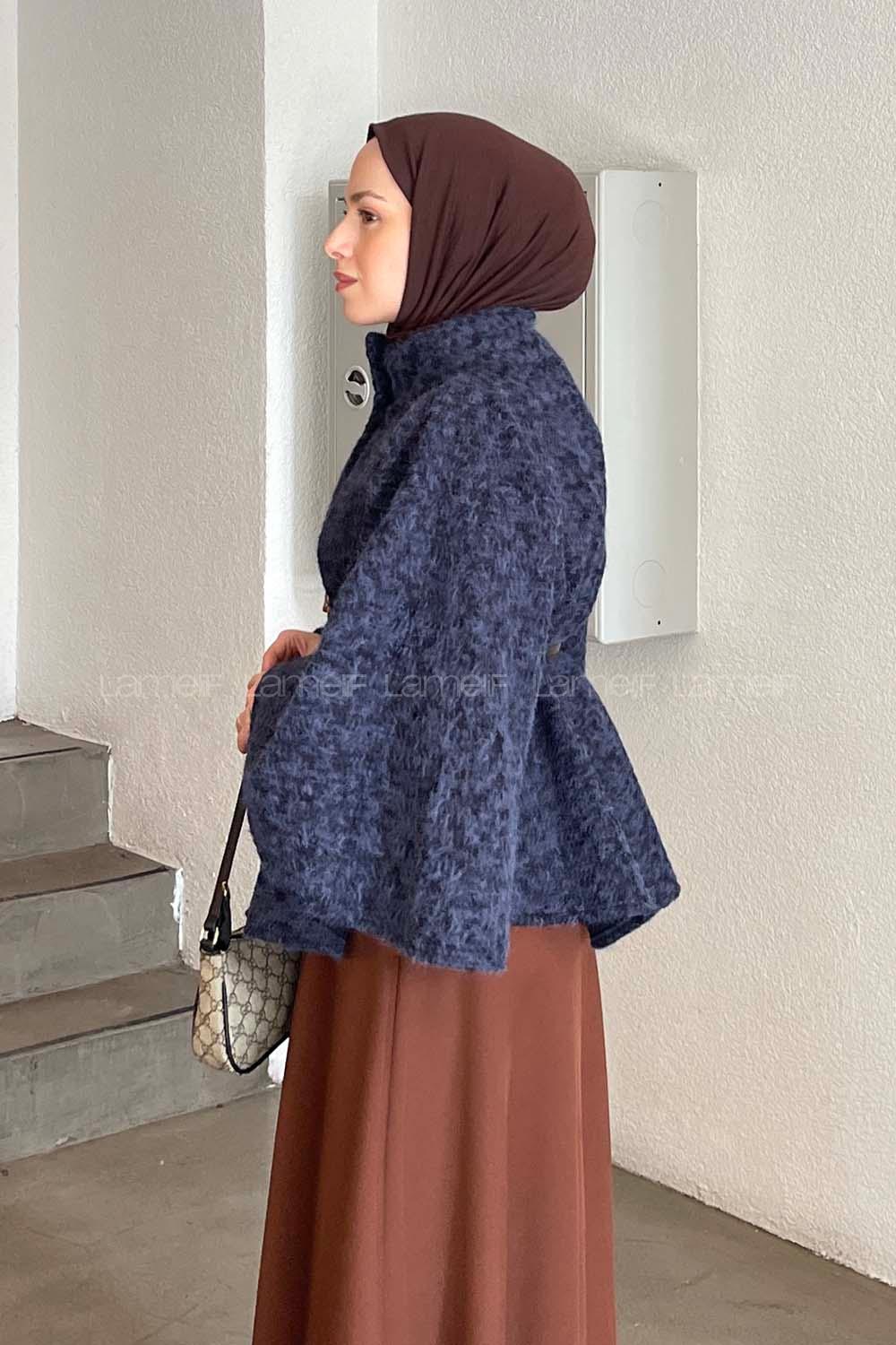 Navy Blue Mandarin Collar Stamp Fabric Poncho