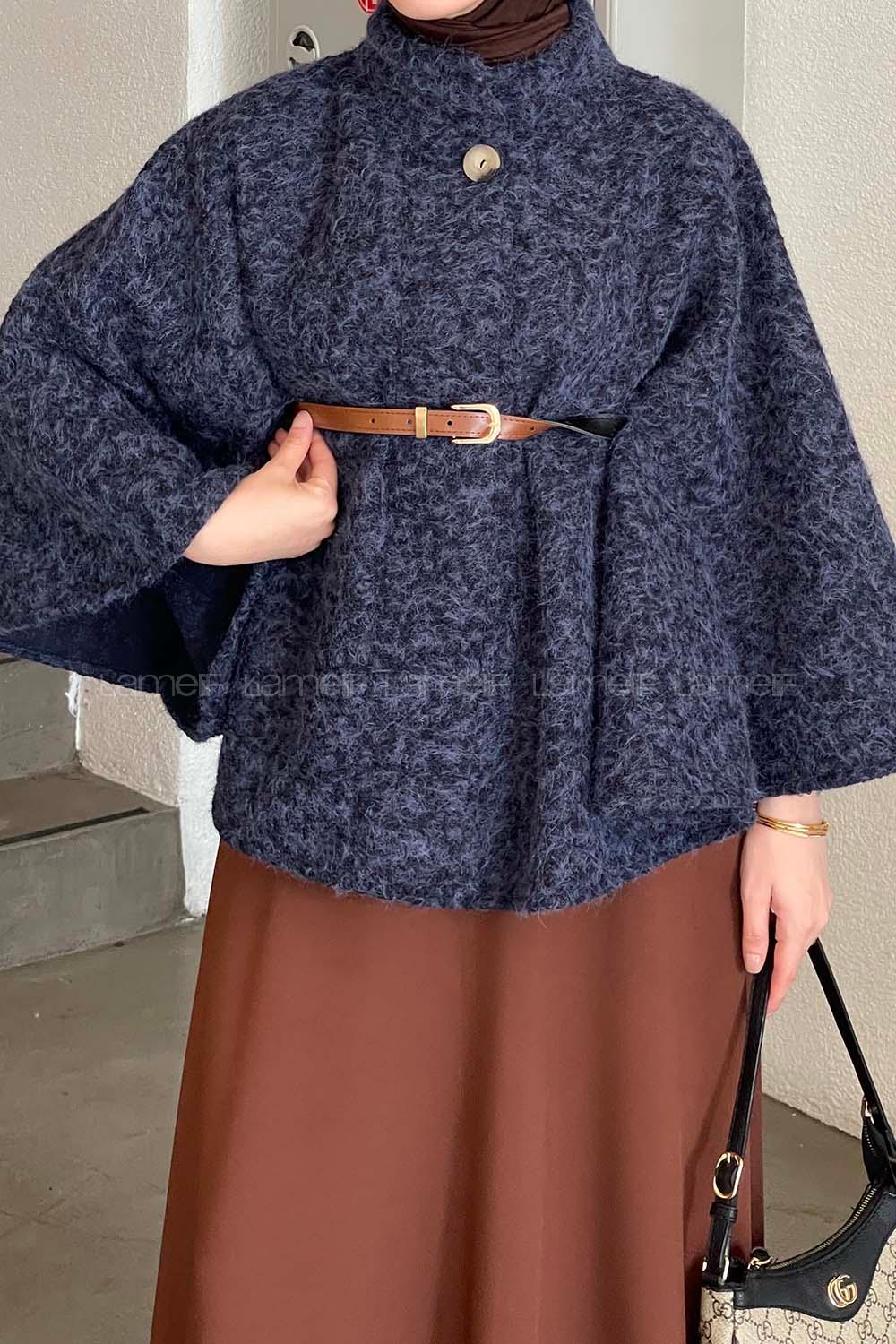 Navy Blue Mandarin Collar Stamp Fabric Poncho