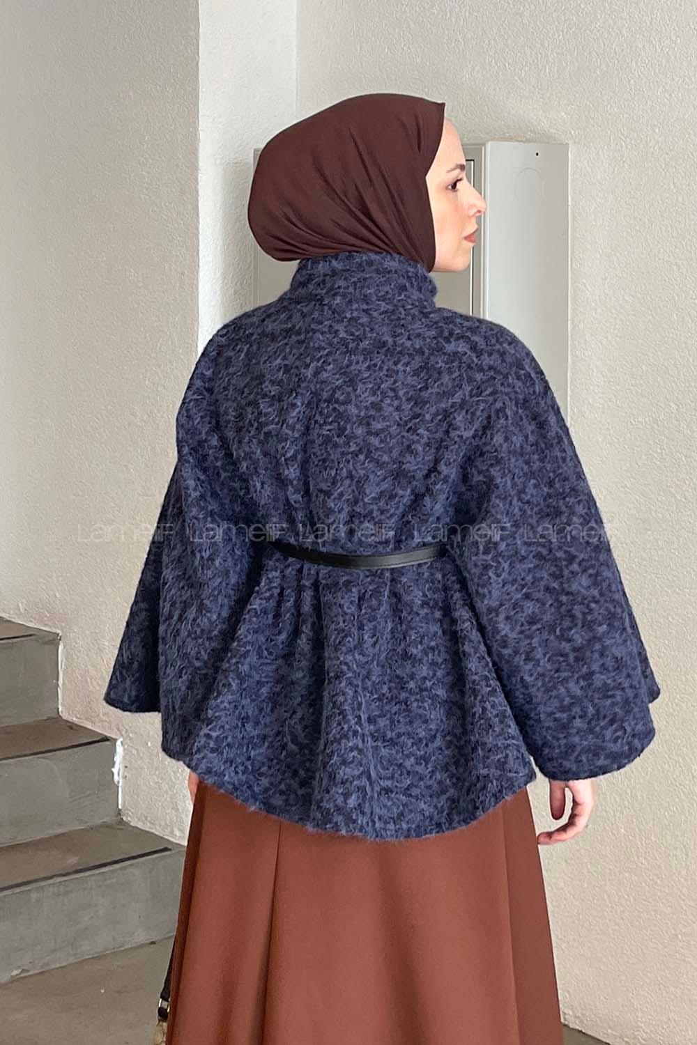 Navy Blue Mandarin Collar Stamp Fabric Poncho