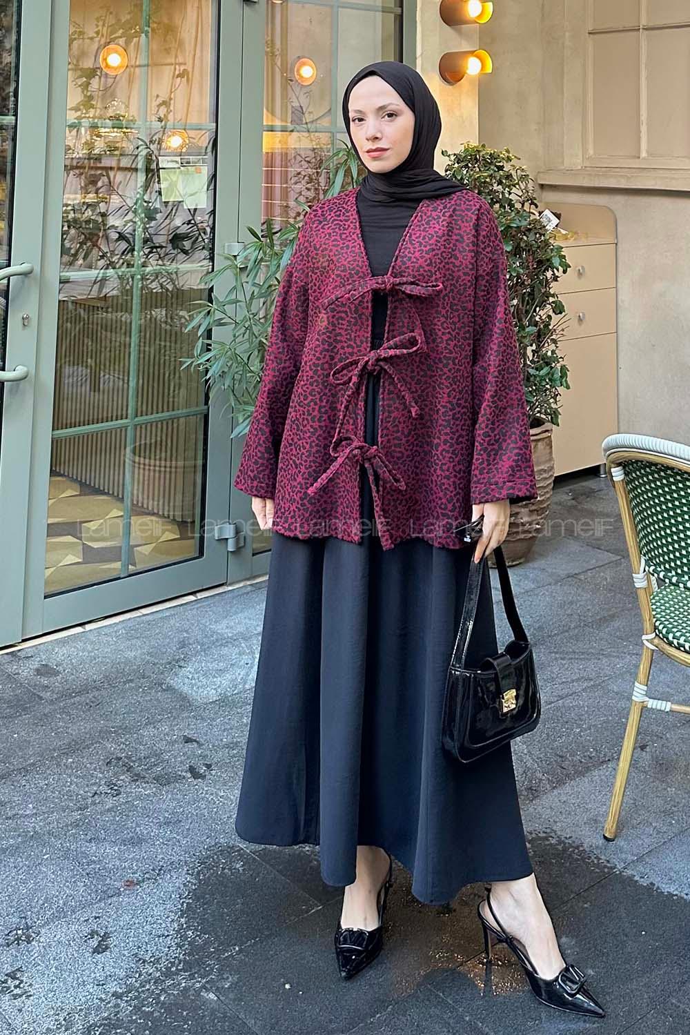 Lamelif Önü Bağlamalı Leopar Desenli Kimona Bordo