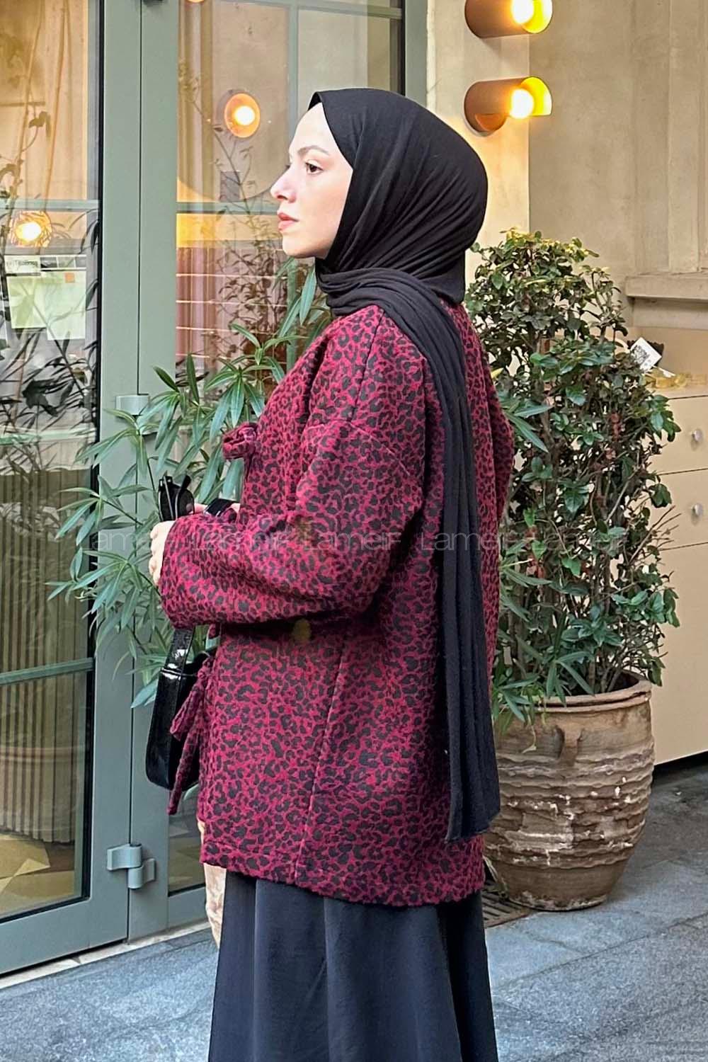 Lamelif Önü Bağlamalı Leopar Desenli Kimona Bordo
