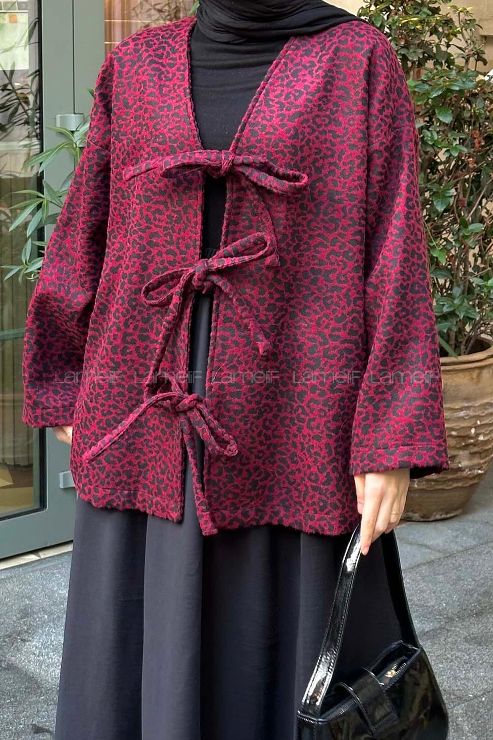 Lamelif Önü Bağlamalı Leopar Desenli Kimona Bordo