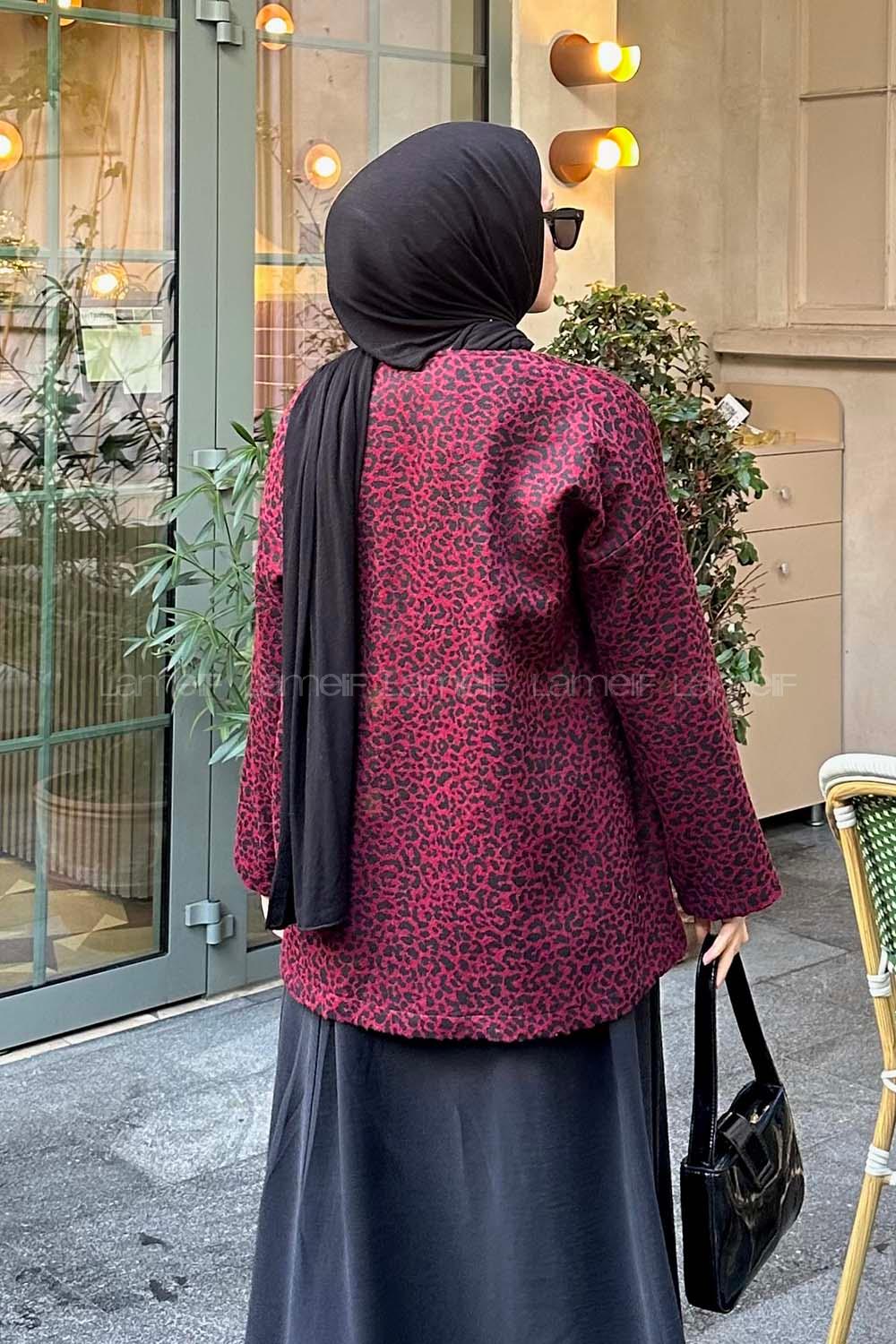 Lamelif Önü Bağlamalı Leopar Desenli Kimona Bordo
