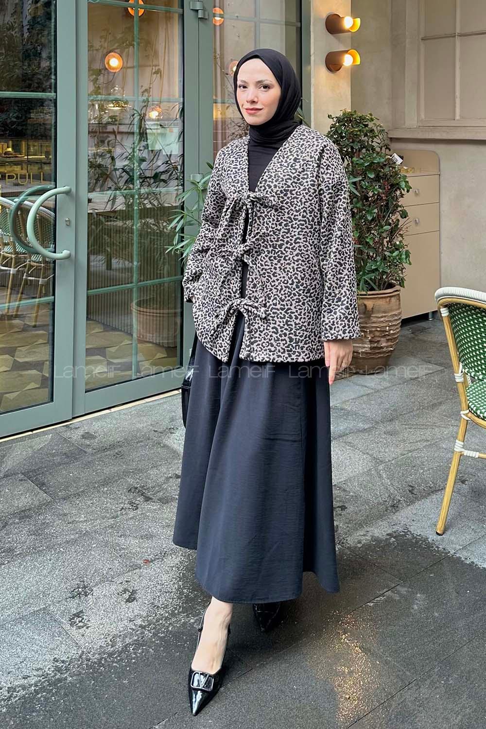 Lamelif Önü Bağlamalı Leopar Desenli Kimona Soft Kahve