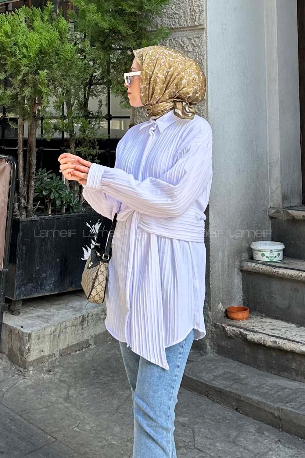 Lamelif Belden Bağlamalı Tunik Gömlek Beyaz