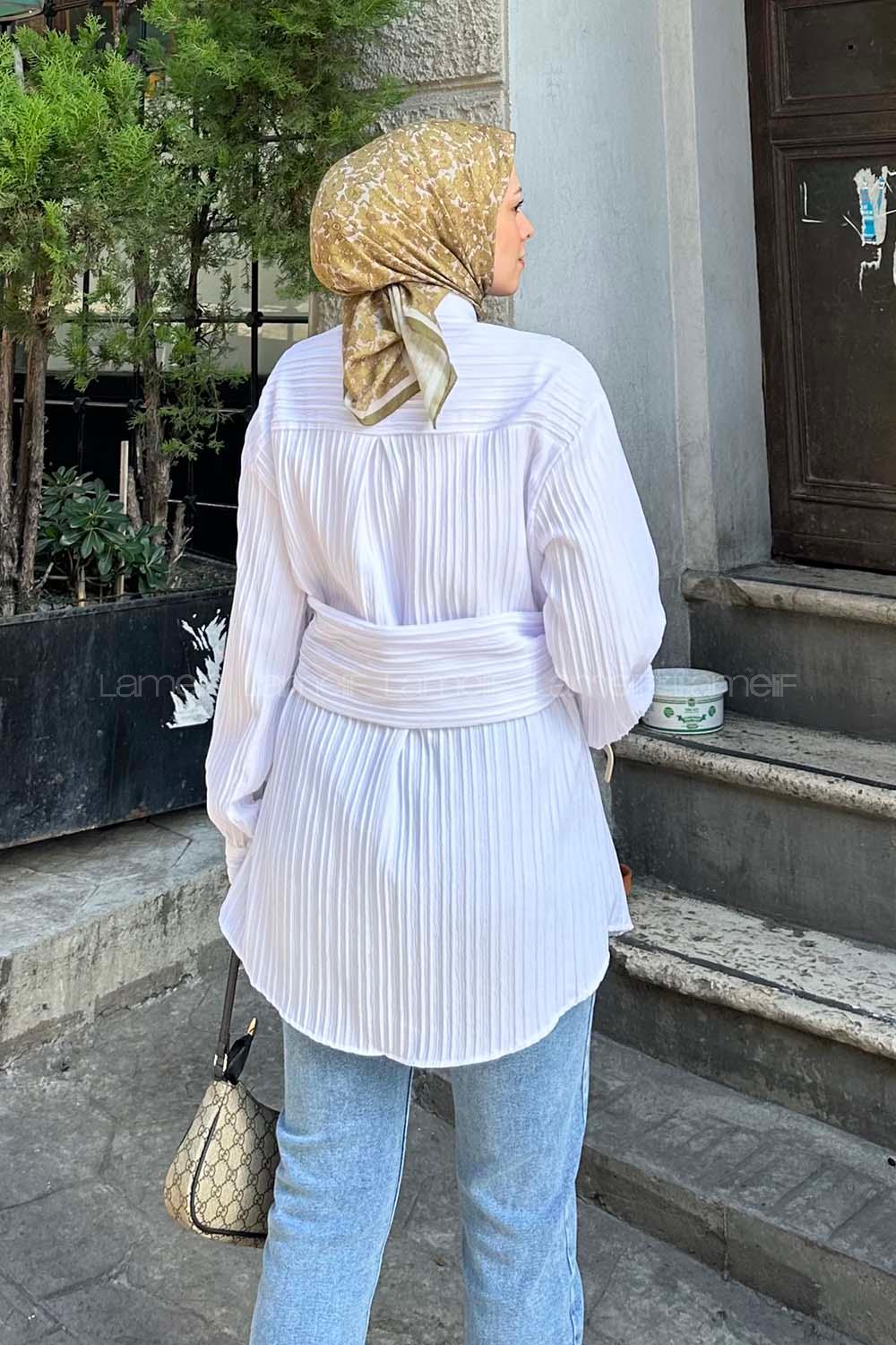 Lamelif Belden Bağlamalı Tunik Gömlek Beyaz