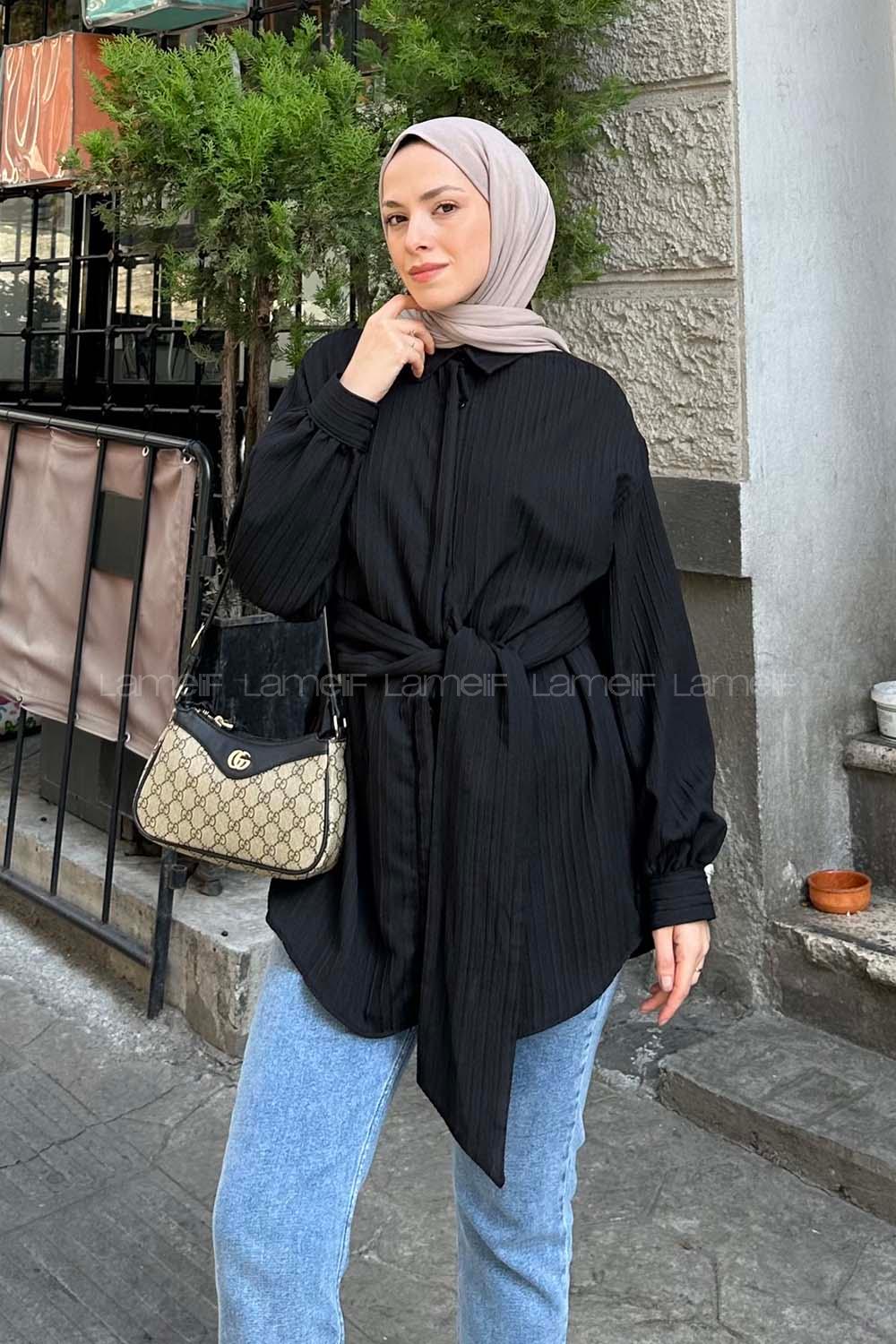 Lamelif Belden Bağlamalı Tunik Gömlek Siyah