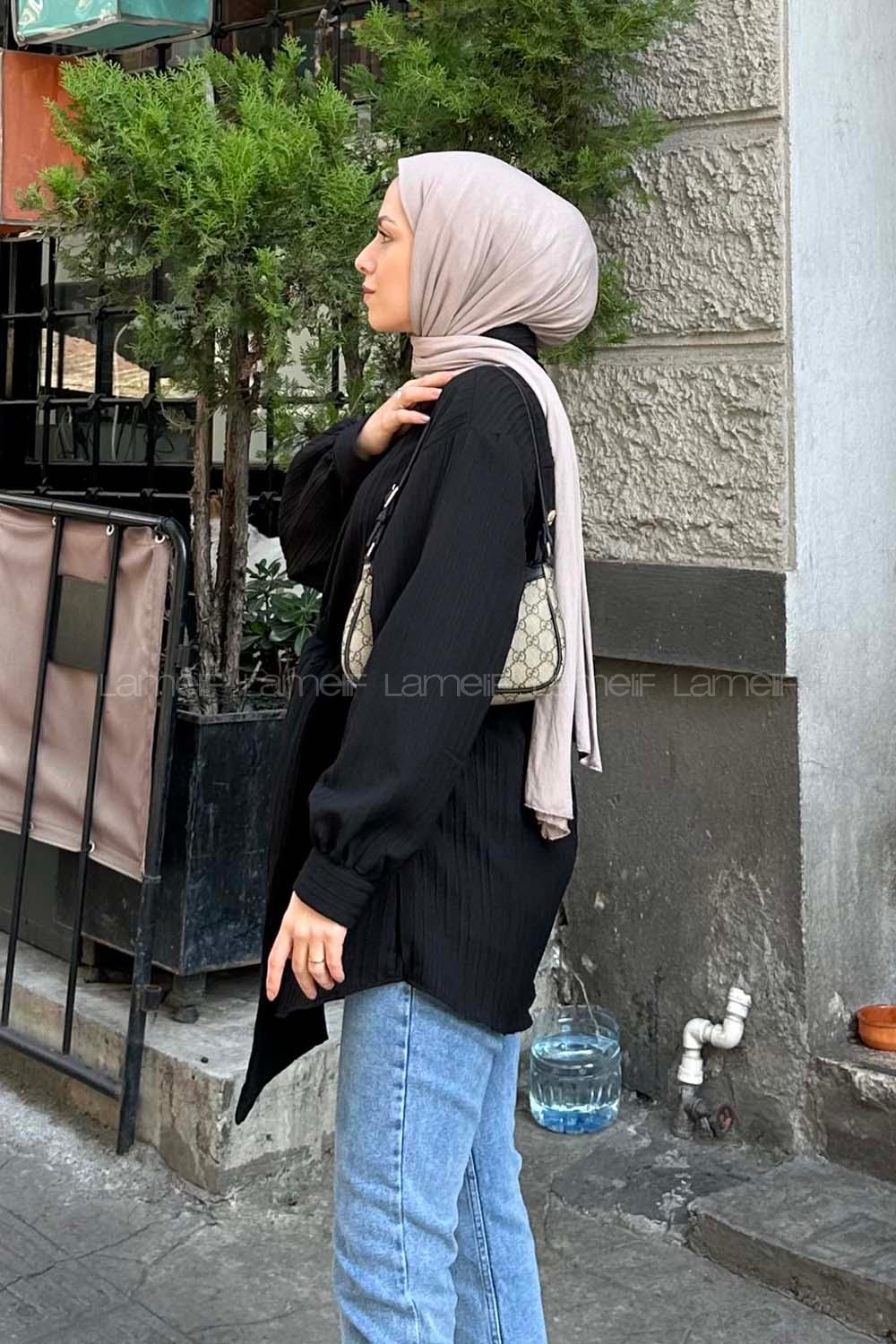 Lamelif Belden Bağlamalı Tunik Gömlek Siyah