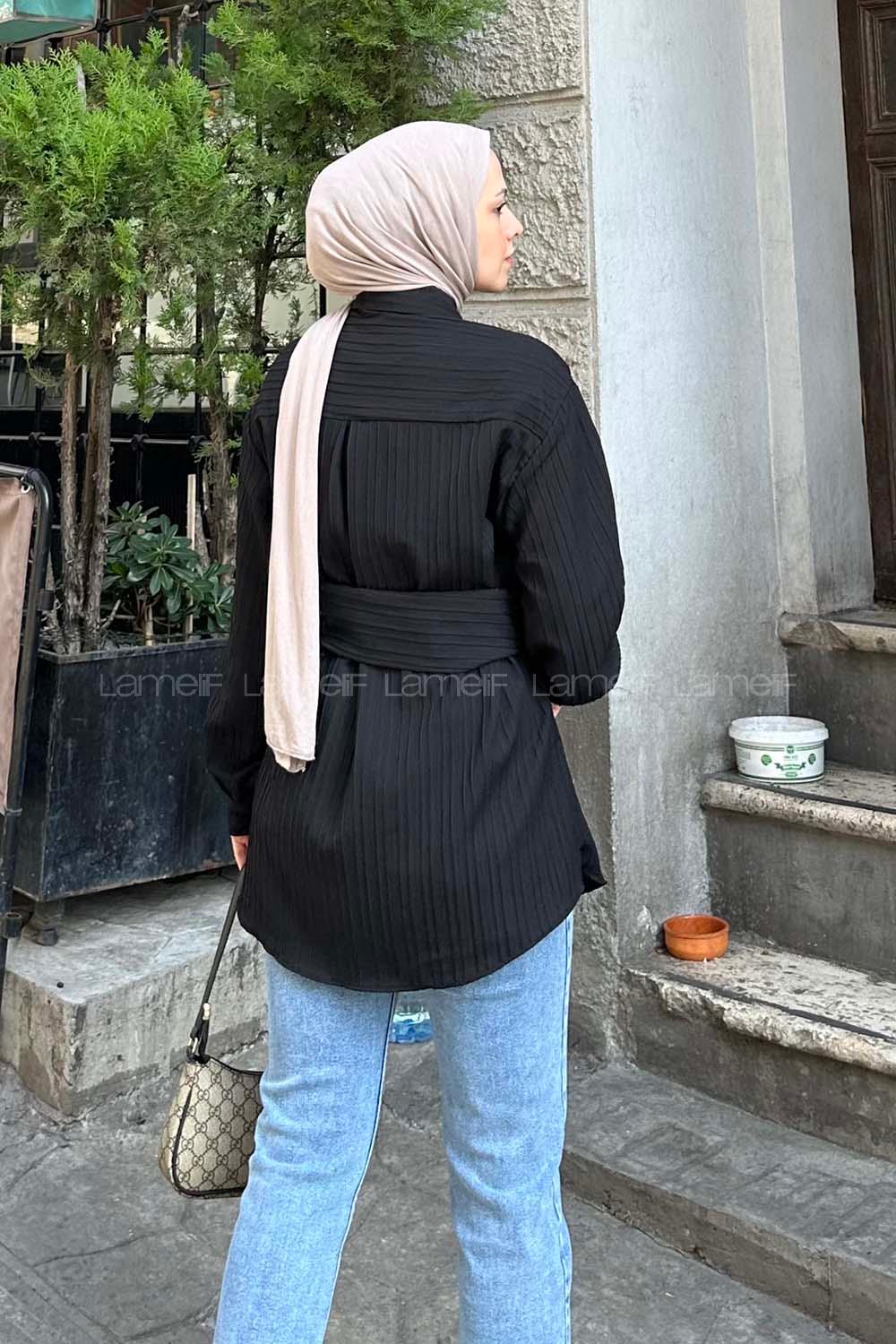 Lamelif Belden Bağlamalı Tunik Gömlek Siyah