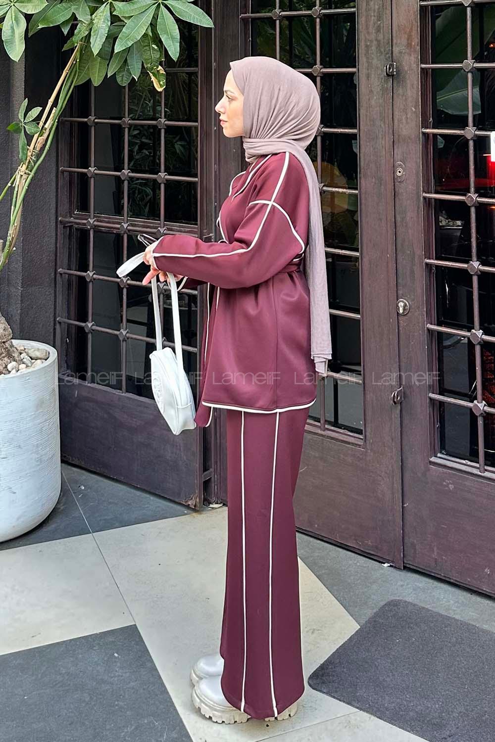 Lamelif Biye Modelli İkili Tesettür Takım Bordo