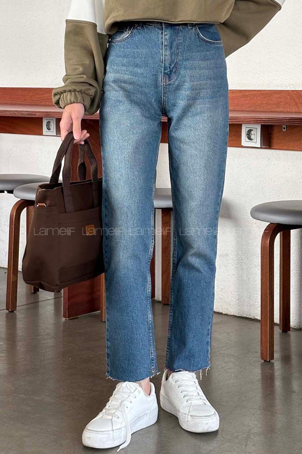 Lamelif Kesik Paça Fit Jean Nostalji Mavi