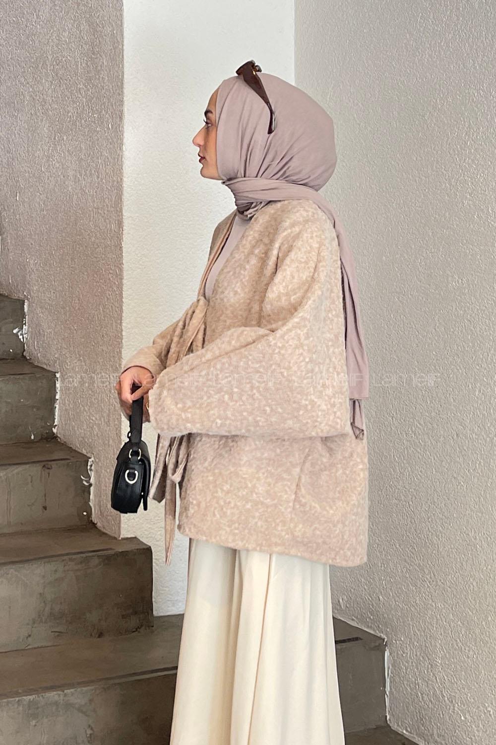 Beige Long Arm Stamp Fabric Kimono