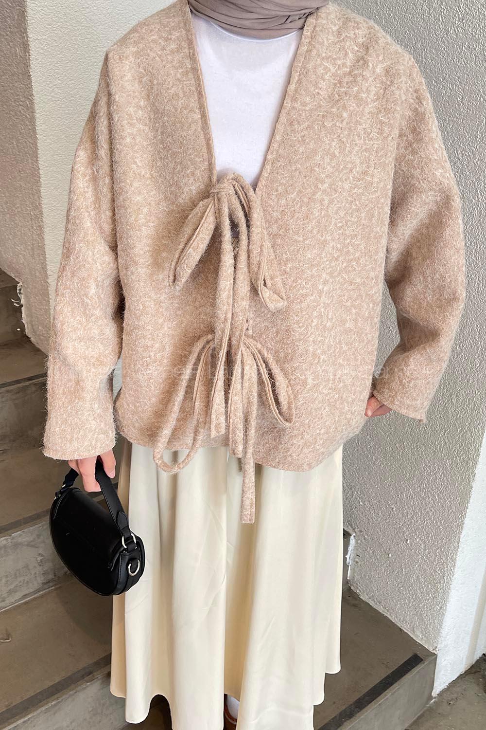 Beige Long Arm Stamp Fabric Kimono