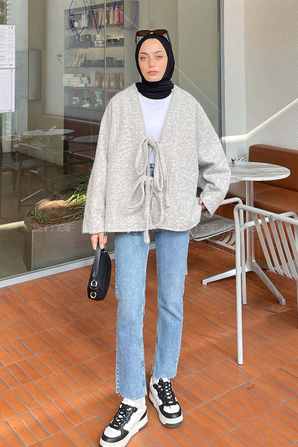 Gray Long Arm Stamp Fabric Kimono