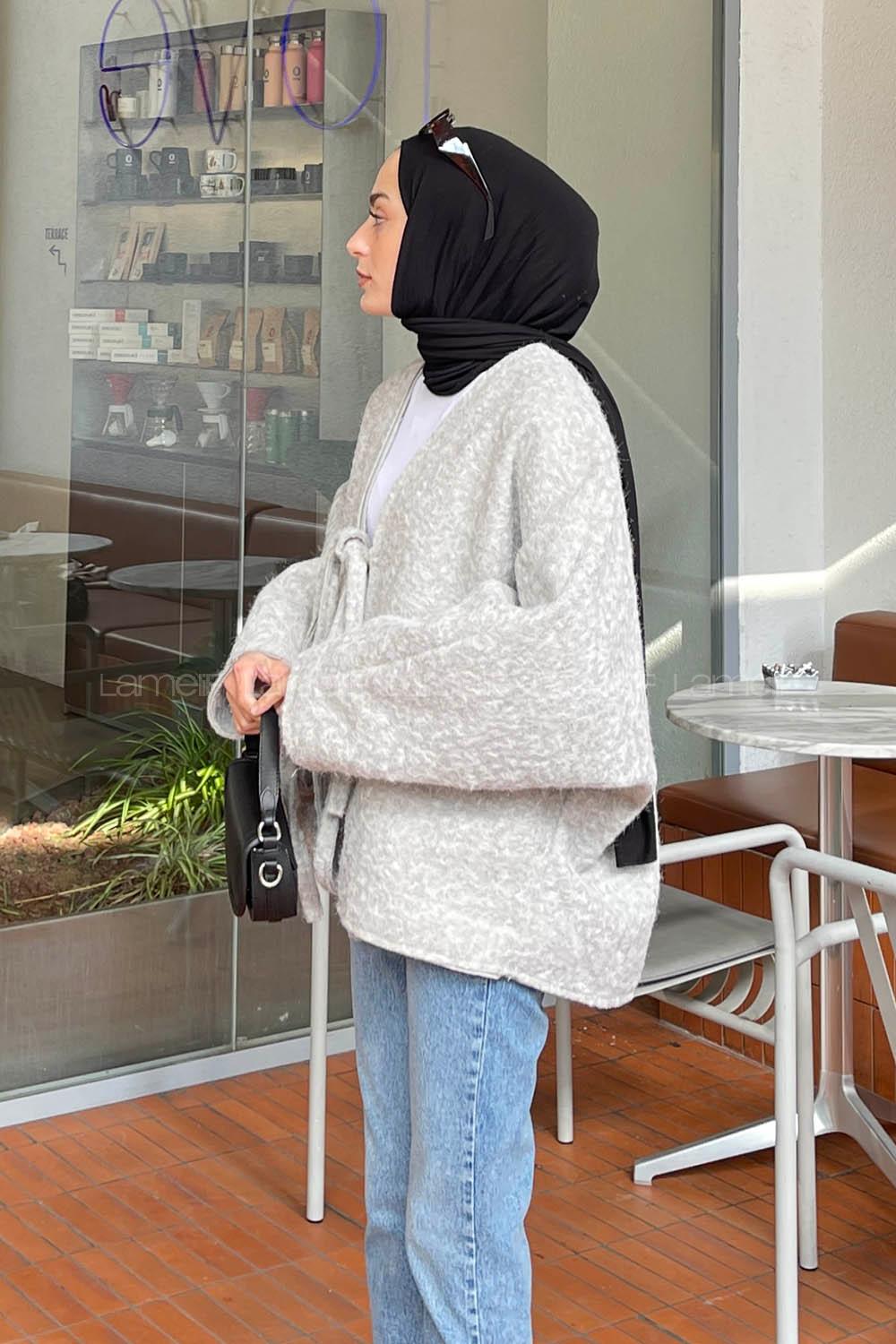 Gray Long Arm Stamp Fabric Kimono