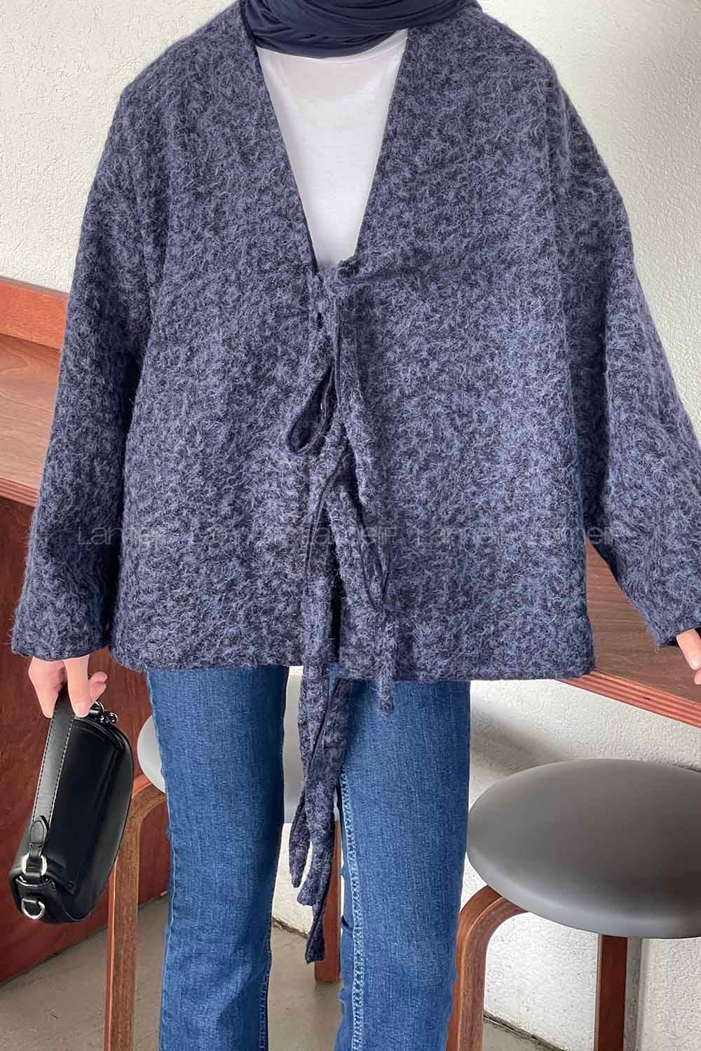 Navy Blue Long Arm Stamp Fabric Kimono