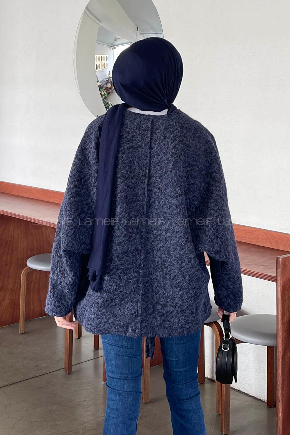 Navy Blue Long Arm Stamp Fabric Kimono