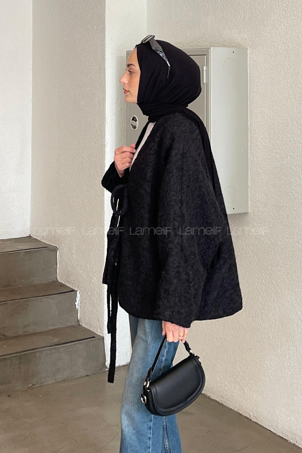 Black Long Arm Stamp Fabric Kimono