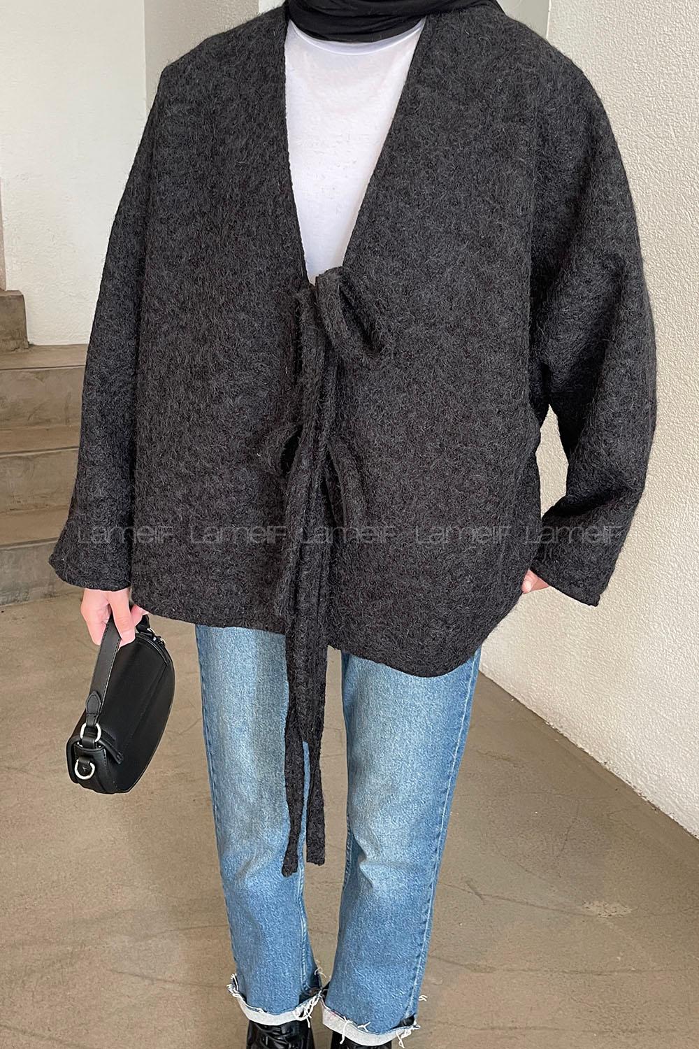 Black Long Arm Stamp Fabric Kimono