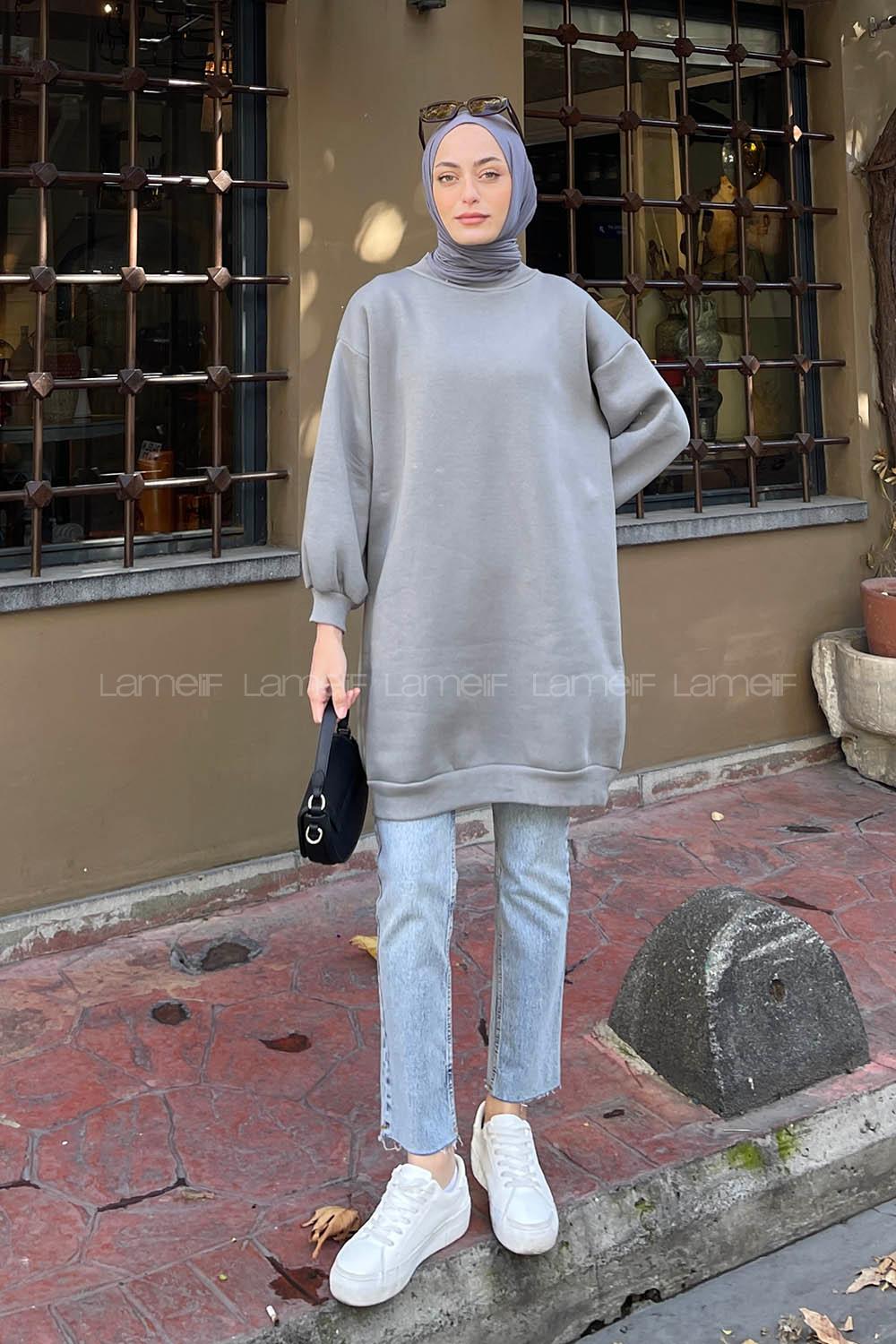 Lamelif  Üç İplik Balon Kol Tunik Gri