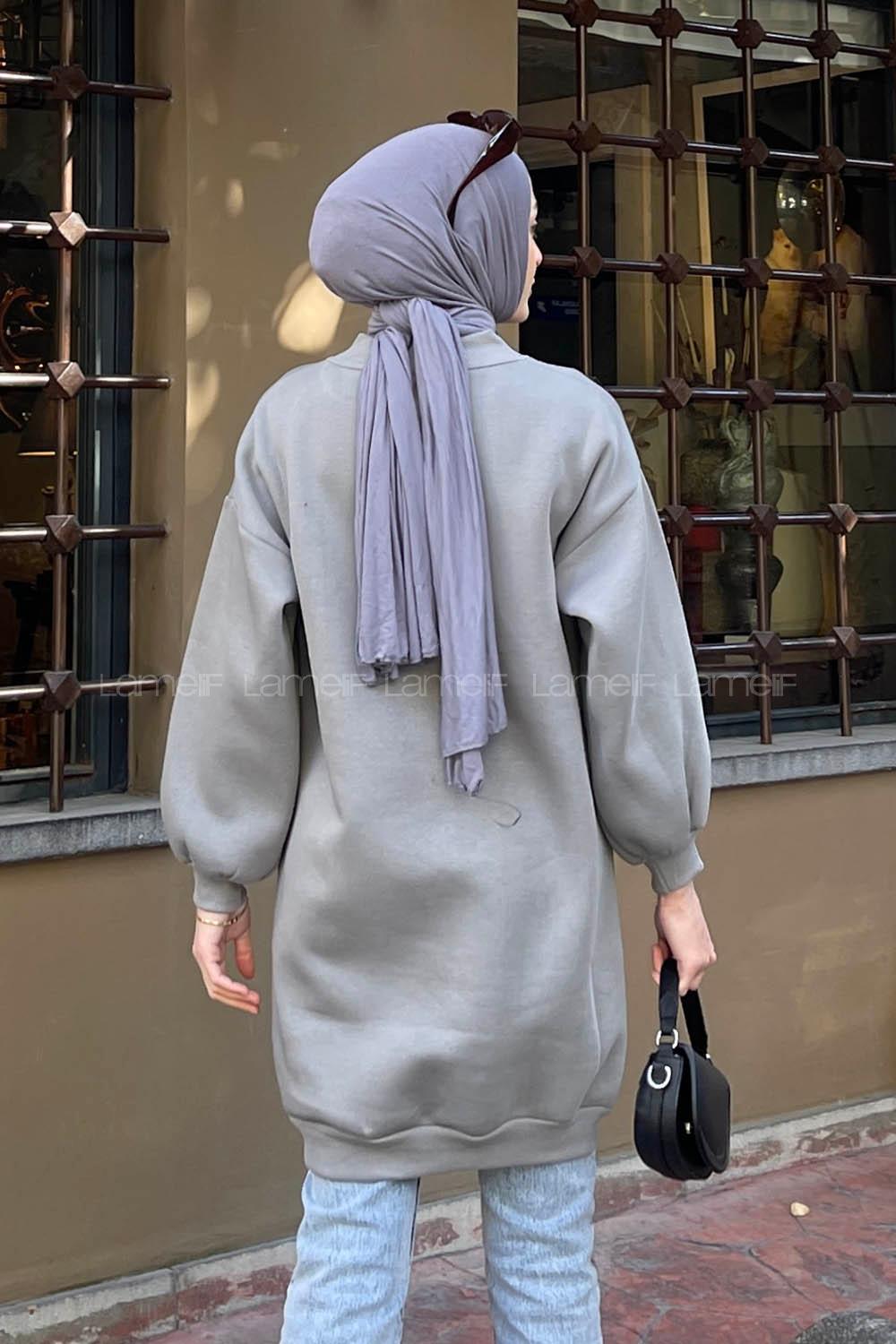 Lamelif  Üç İplik Balon Kol Tunik Gri