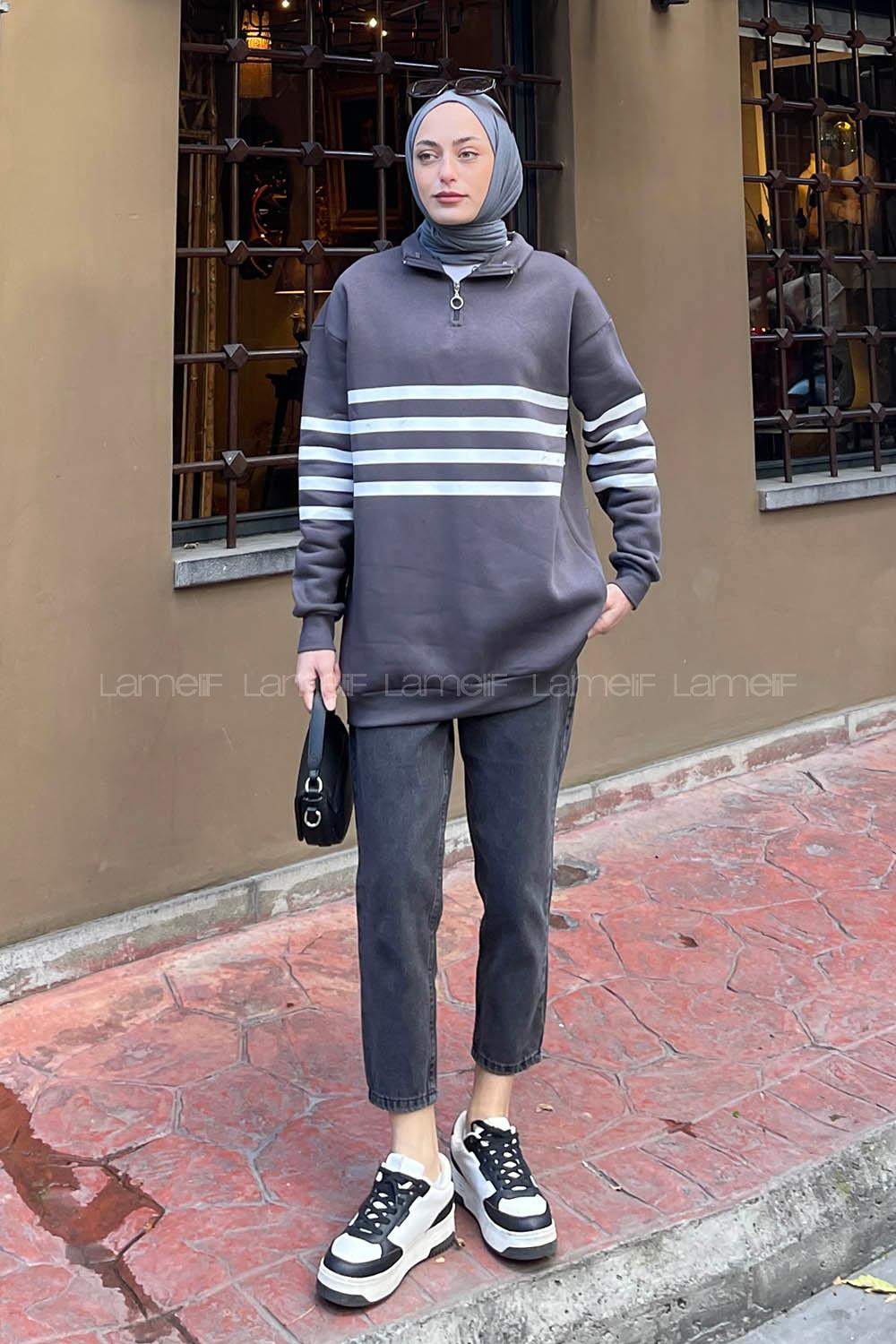 Lamelif Yarım Fermuarlı Sweatshirt Tunik Füme