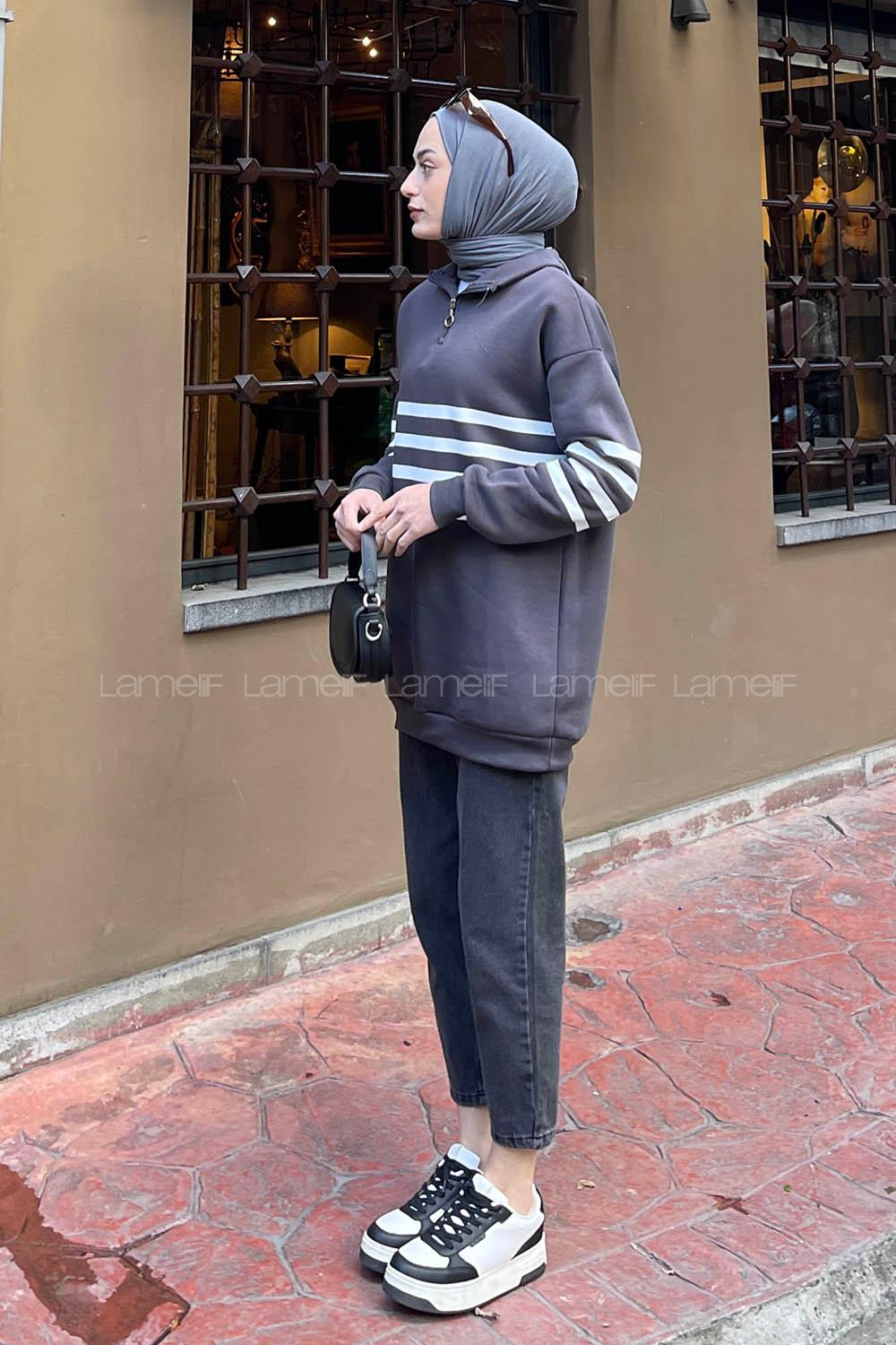 Lamelif Yarım Fermuarlı Sweatshirt Tunik Füme