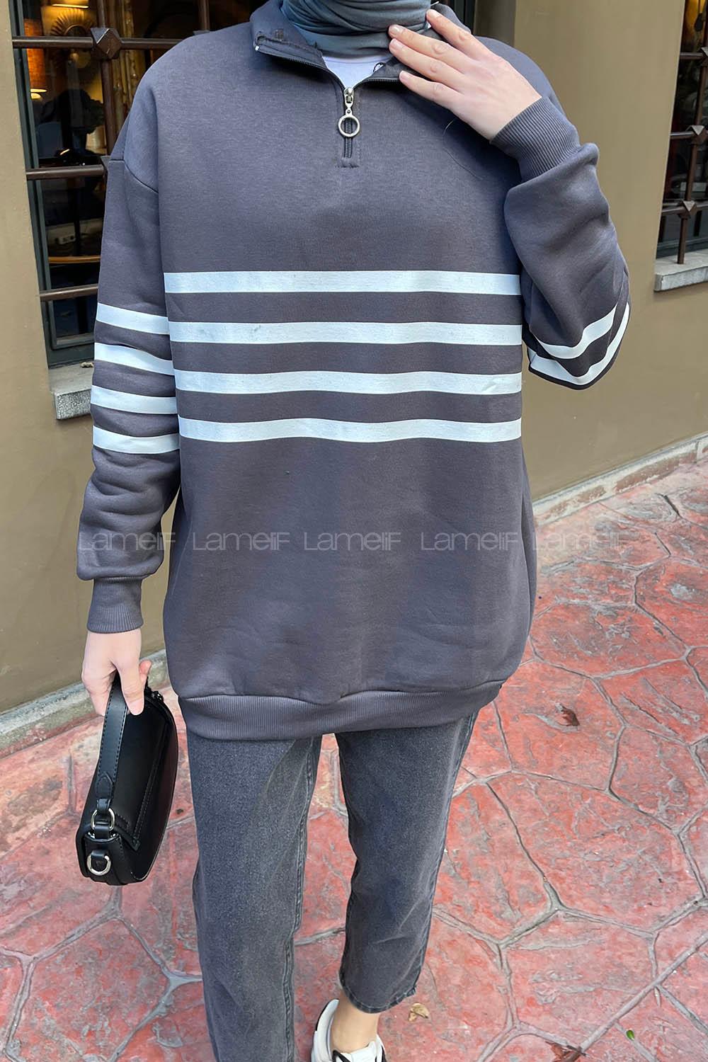 Lamelif Yarım Fermuarlı Sweatshirt Tunik Füme