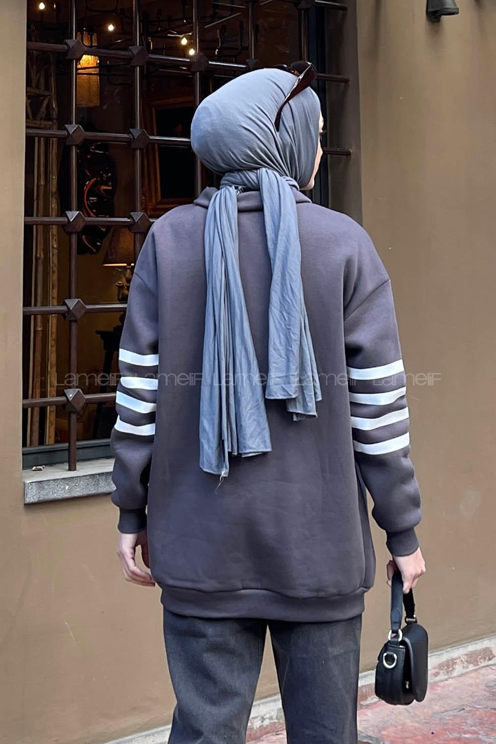 Lamelif Yarım Fermuarlı Sweatshirt Tunik Füme